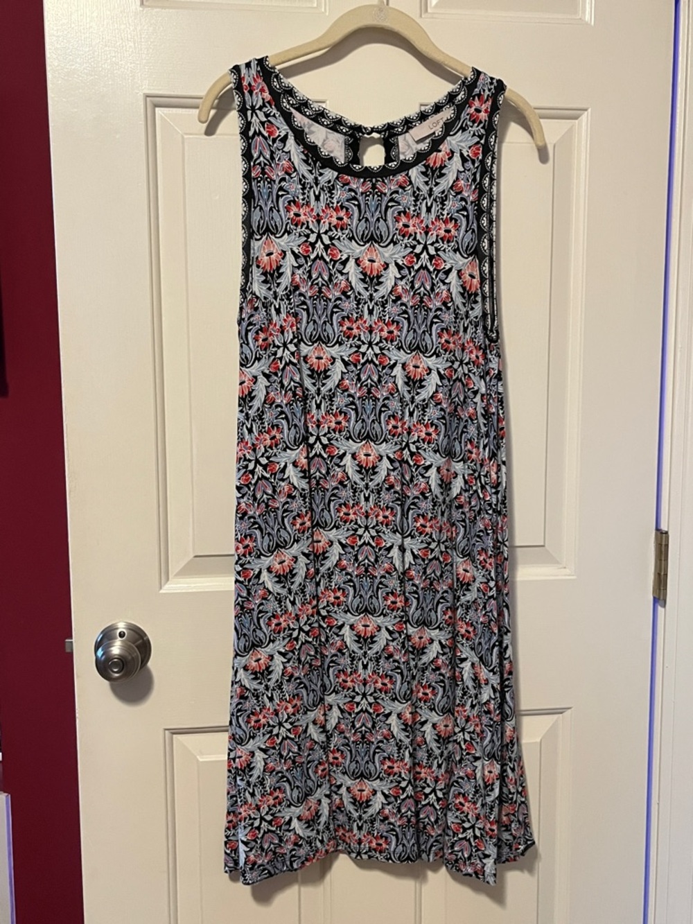 LOFT Black and White Sleeveless Floral-Print Mini Dress with Pink Details